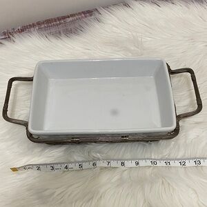 White Rectangular Serving Dish with Metal Handles